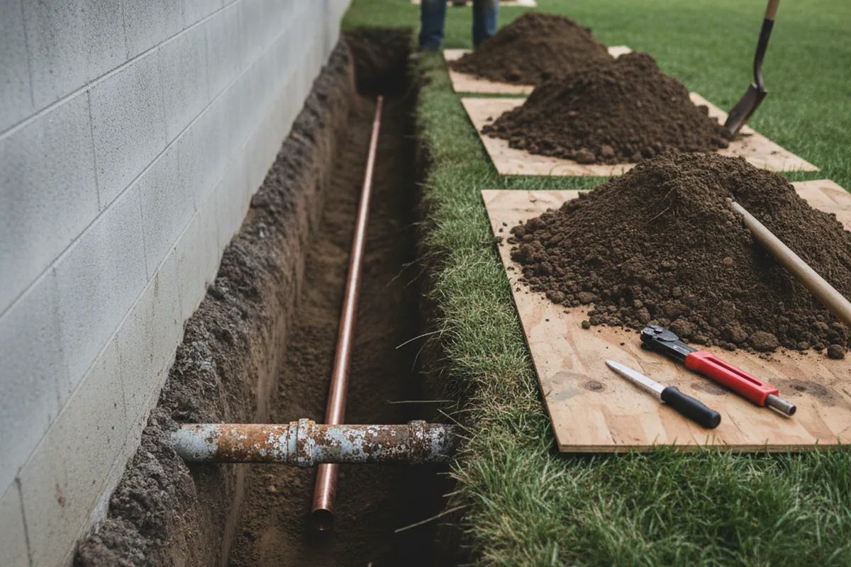 Excavated water line trench during Water Softener Installation in Mason